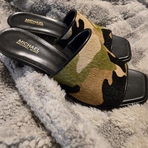 Michael Kors Camouflage Mules in Black, Tan, and Green